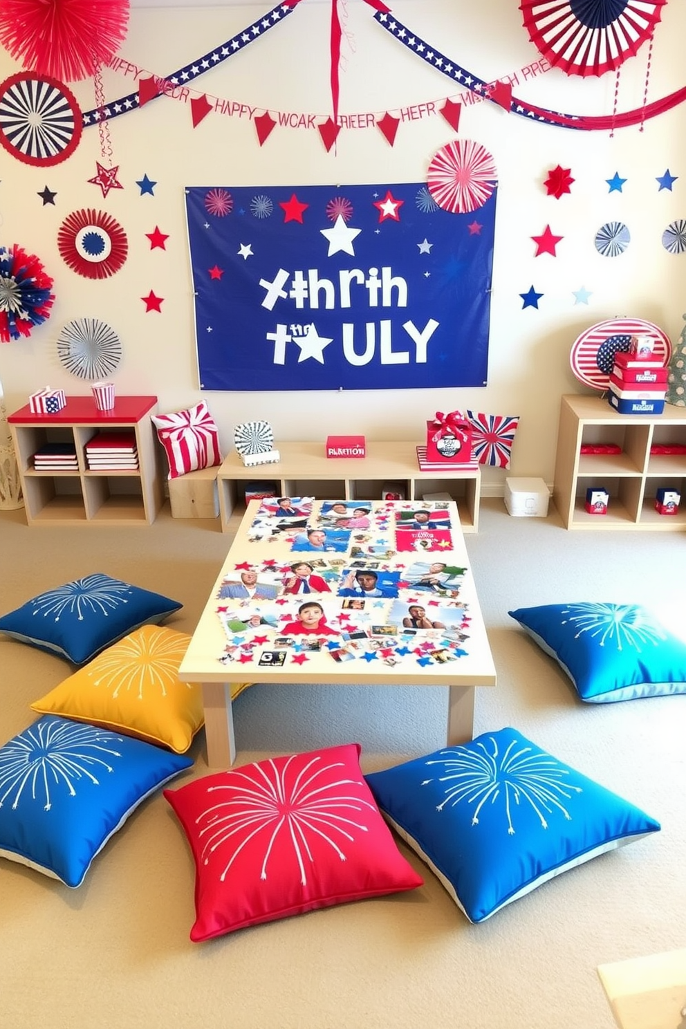 A festive playroom setting designed for Fourth of July celebrations. The walls are adorned with red white and blue decorations featuring stars and stripes. A large table in the center displays an array of themed puzzles with patriotic images. Colorful cushions in the shape of fireworks are scattered around the room for comfortable seating.