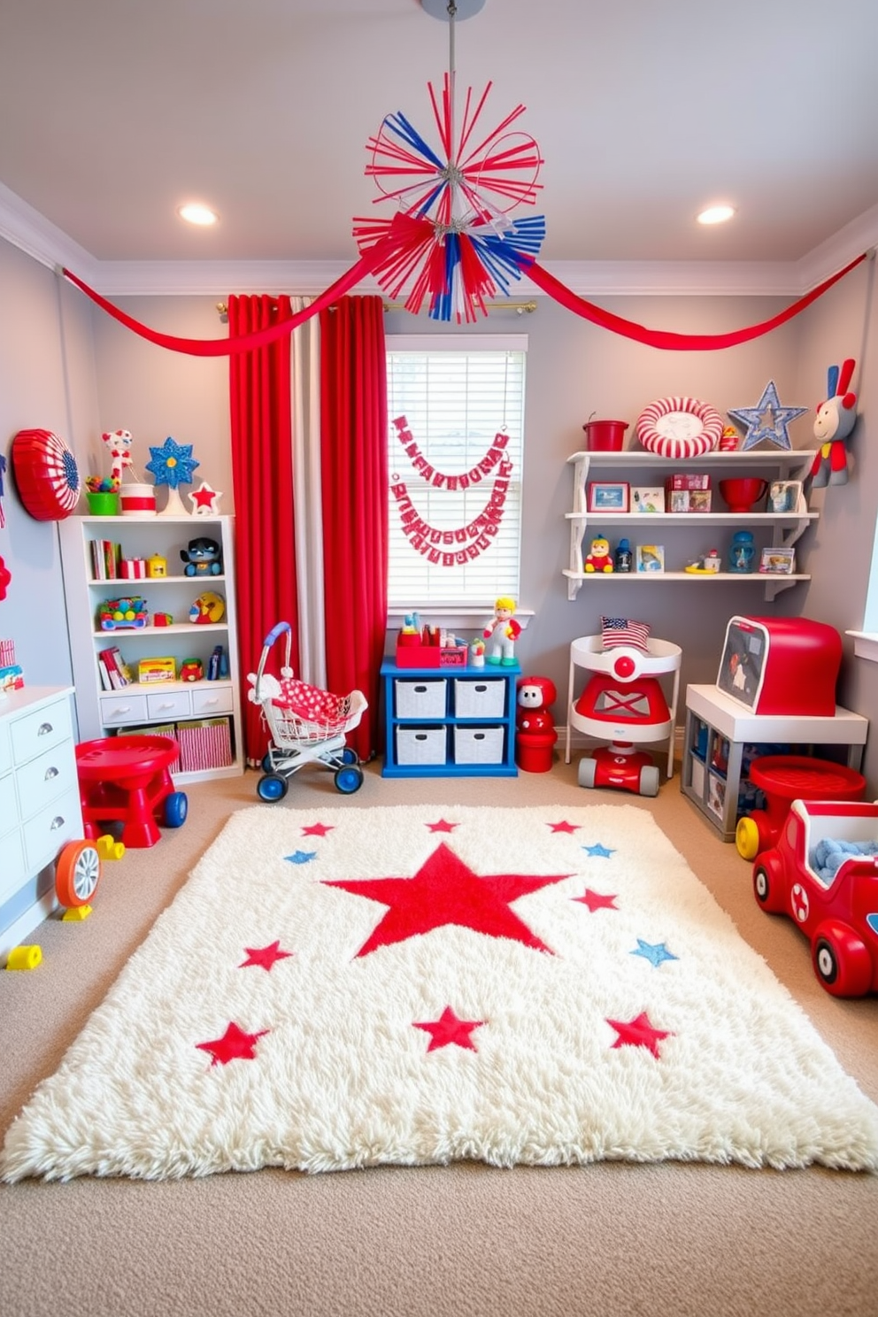 A vibrant playroom filled with red white and blue themed toys celebrating Independence Day. The walls are painted in a soft blue hue with red and white accents, and a large plush rug features stars and stripes in the center of the room.