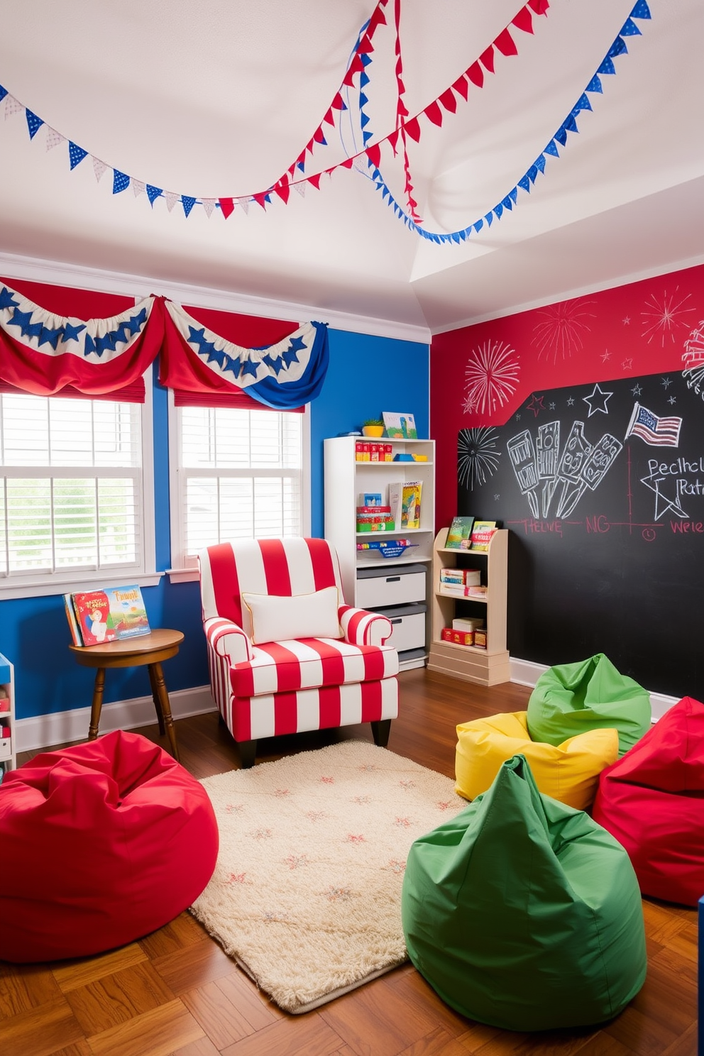 A cozy Independence Day storytime nook. There's a plush red and white striped armchair with a small side table holding a stack of patriotic-themed books. The walls are adorned with blue and white bunting, creating a festive atmosphere. A soft, star-patterned rug lies on the wooden floor, providing a comfortable space for children to sit and read. An engaging Independence Day playroom filled with vibrant decorations. The walls are painted in bright red, white, and blue colors, creating an energetic and fun environment. Colorful bean bags are scattered around, providing seating for kids. A large chalkboard wall invites creativity with drawings of fireworks and flags.