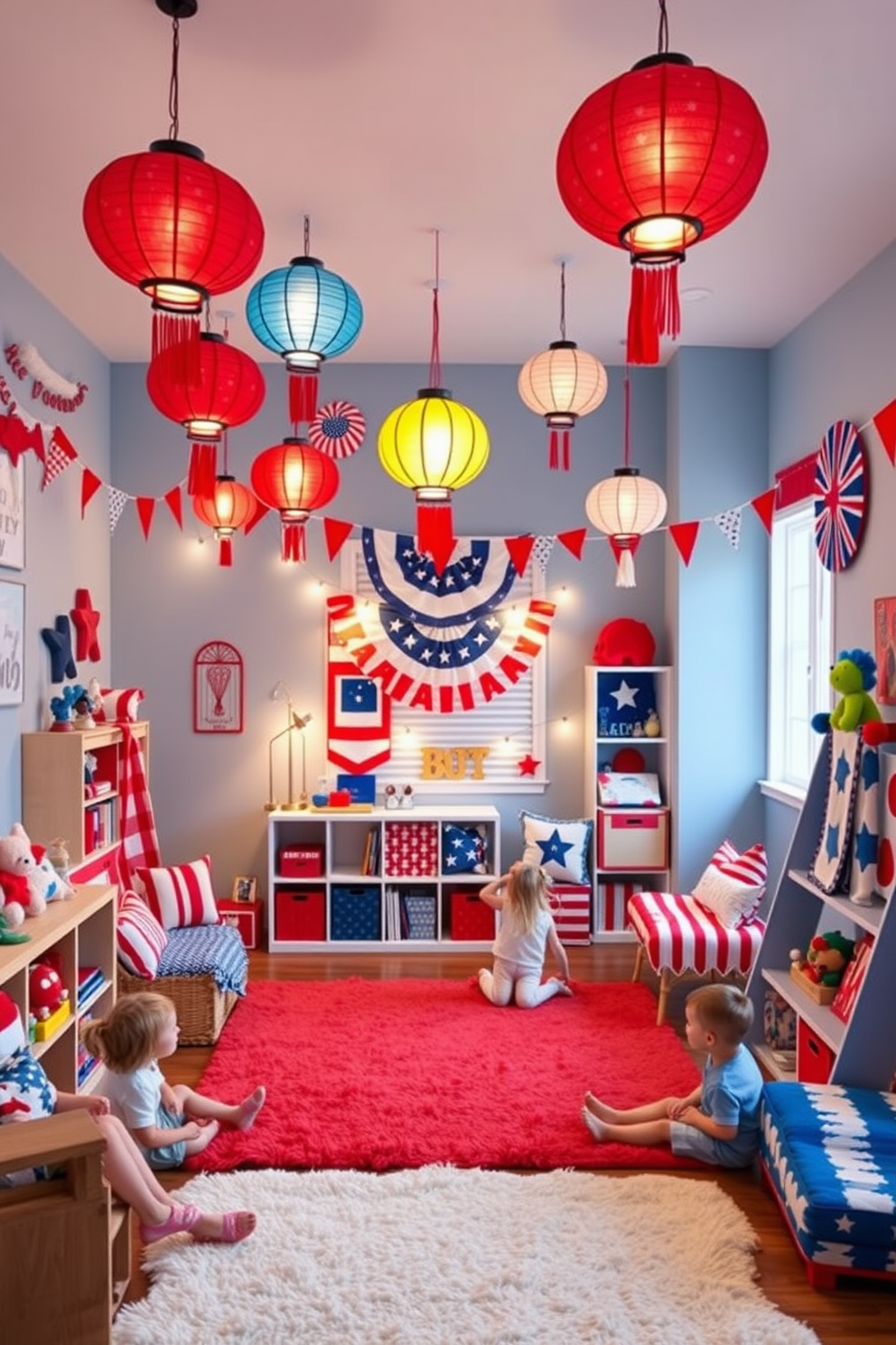 A vibrant playroom filled with festive decorations for Independence Day. Colorful decorative lanterns hang from the ceiling, casting a warm glow over the space while red, white, and blue accents adorn the walls. The playroom features a cozy reading nook with patriotic-themed cushions and blankets. A large, soft rug in the center provides a comfortable area for children to play and celebrate together.