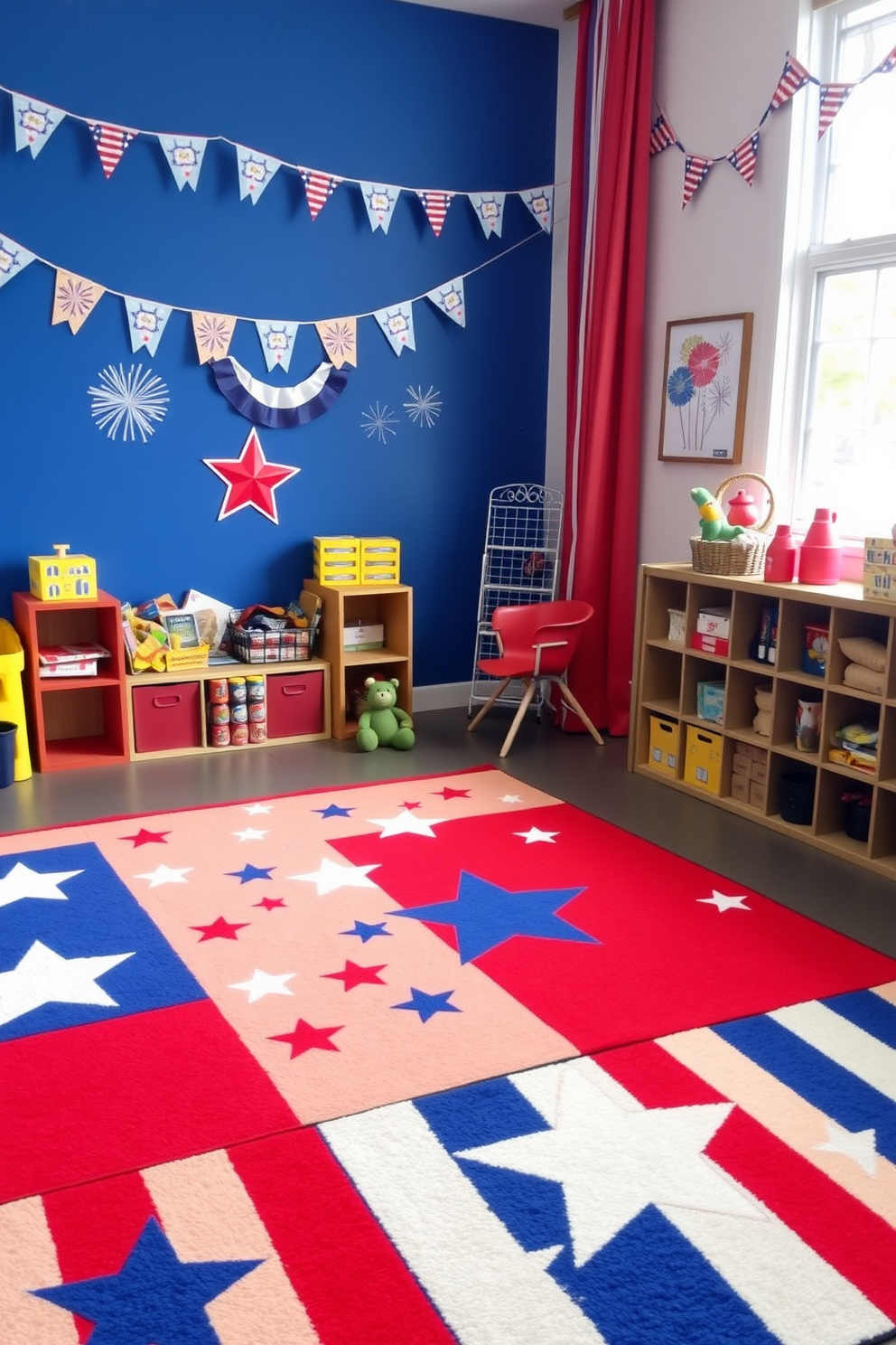 A vibrant playroom featuring a patriotic themed activity rug that showcases stars and stripes in bold red, white, and blue colors. The walls are adorned with playful decorations celebrating Independence Day, including bunting and framed artwork of fireworks.