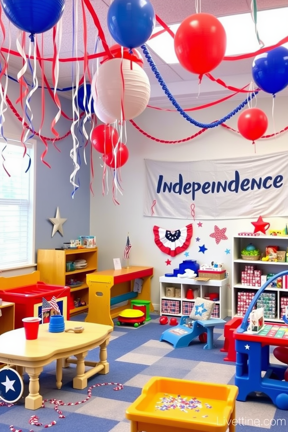 A vibrant playroom decorated for Independence Day features red white and blue accents throughout the space. Colorful balloons and streamers hang from the ceiling while a large banner reading Happy Independence Day is displayed on one wall. Themed scavenger hunt clues are cleverly hidden among the toys and decorations. Children search for items like miniature flags and star-shaped confetti as they explore the festive environment.