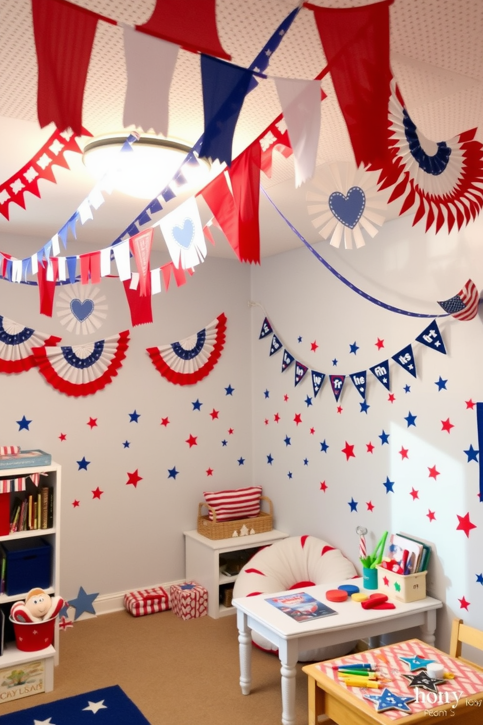 A festive playroom adorned with Fourth of July banner decorations. Colorful red white and blue banners hang from the ceiling creating a cheerful atmosphere for Independence Day celebrations. The walls are decorated with playful stars and stripes motifs. A cozy reading nook features a patriotic-themed bean bag and a small table with craft supplies for kids to create their own decorations.