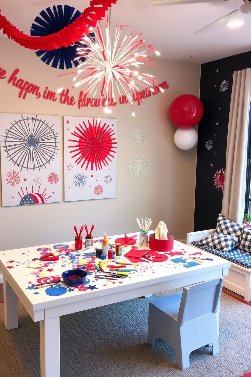 Create a vibrant DIY fireworks art station for an Independence Day celebration. The space features a large table covered with colorful craft supplies, including paint, glitter, and paper, surrounded by cheerful decorations in red, white, and blue. Design a playful playroom that captures the spirit of Independence Day. The room includes a cozy reading nook with patriotic-themed cushions and a wall mural depicting a festive fireworks display.