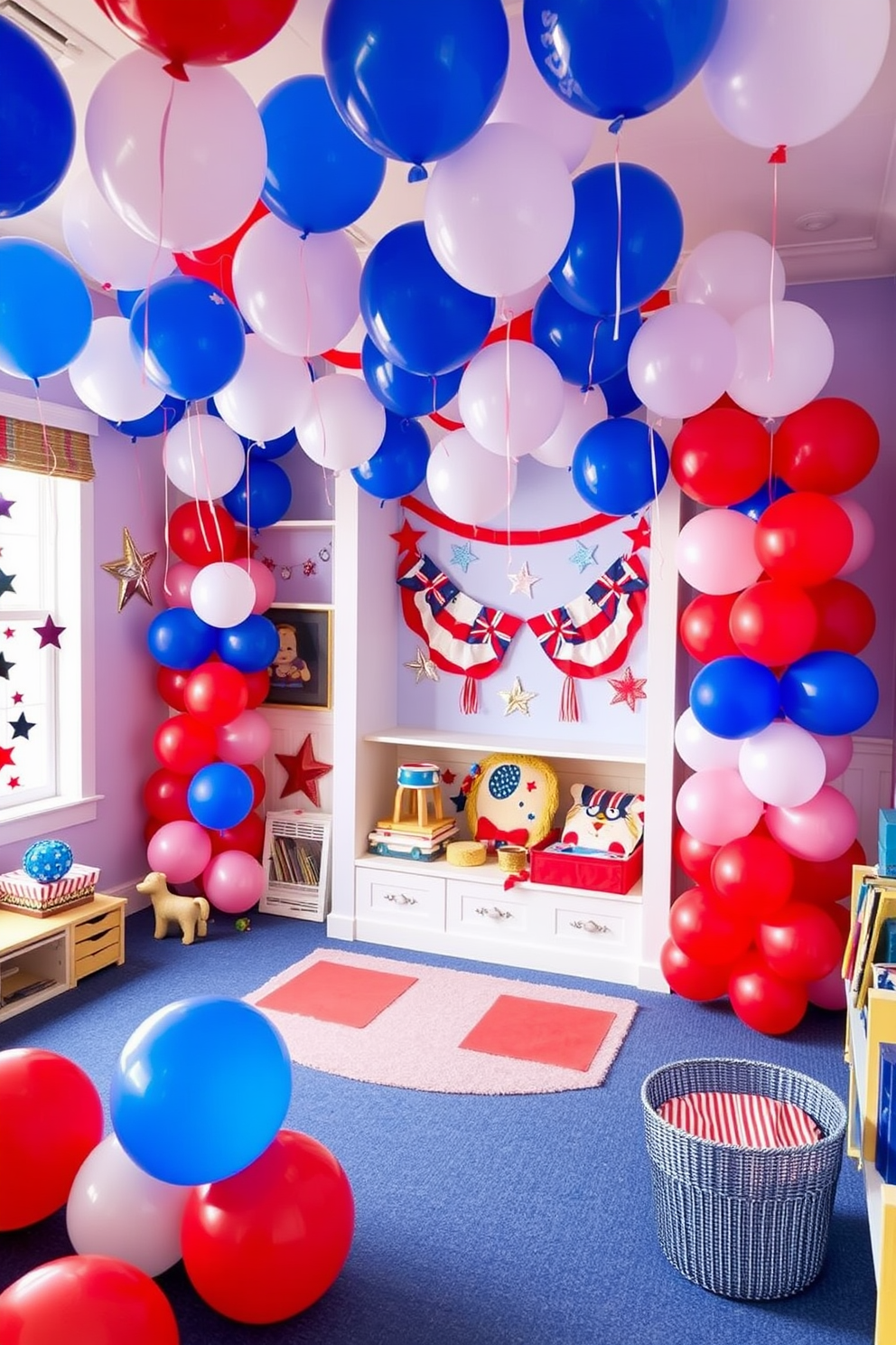 A vibrant playroom filled with red white and blue balloons creating a festive atmosphere for Independence Day. The walls are adorned with playful decorations featuring stars and stripes, while a cozy reading nook invites children to enjoy festive stories.