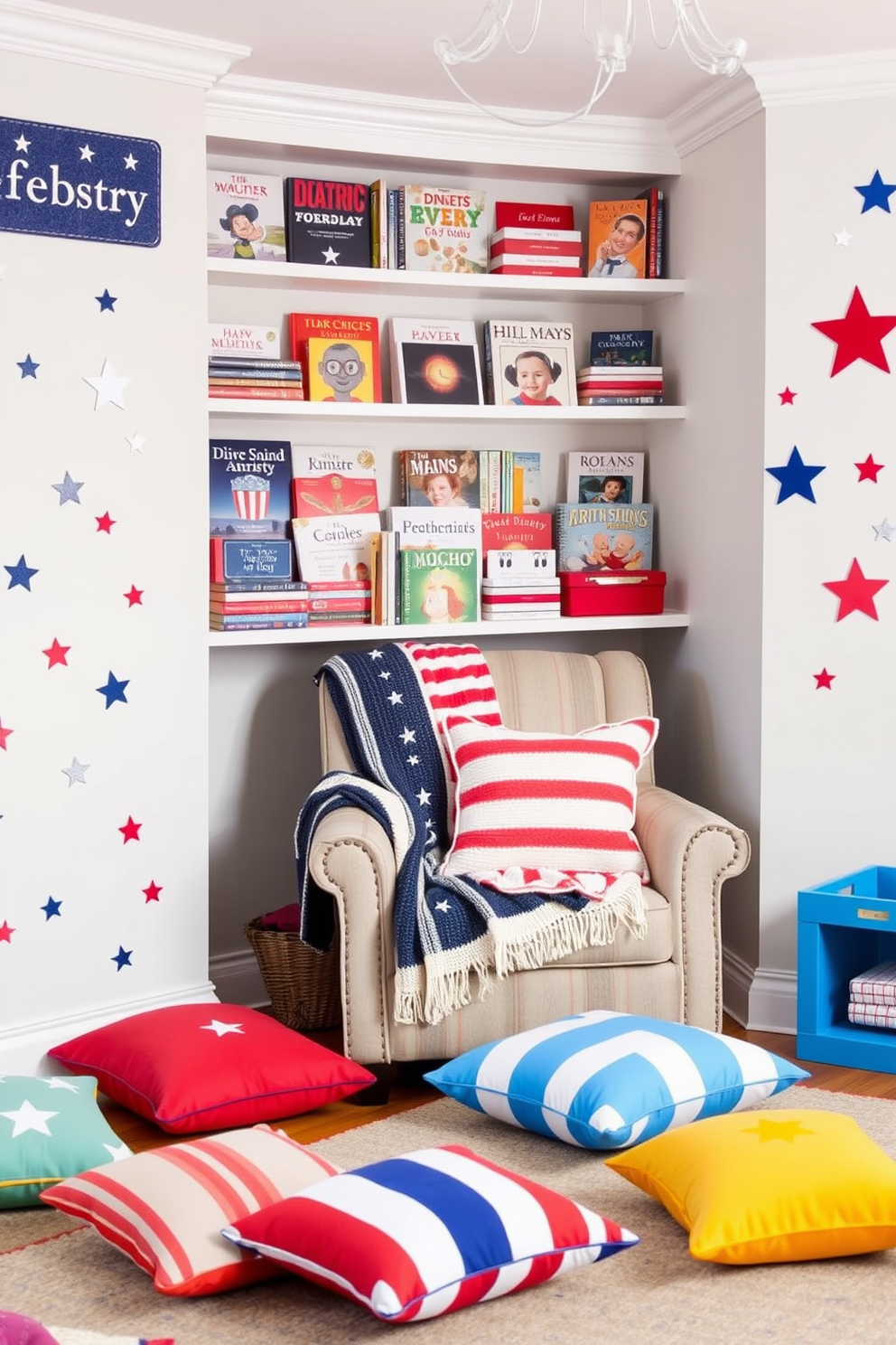 A cozy books corner decorated for Independence Day. There are shelves filled with red white and blue themed books and a comfortable reading chair draped with a patriotic throw blanket. A vibrant playroom celebrating Independence Day. The walls are adorned with star and stripe decals and colorful cushions are scattered on the floor for a festive touch.