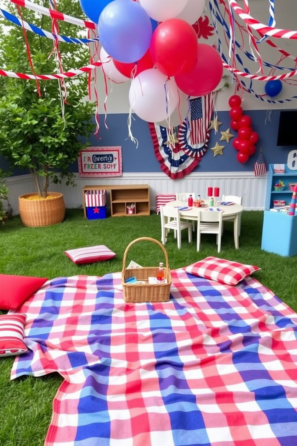 A charming outdoor picnic area is set up with a large checkered blanket spread across the grass. Surrounding the blanket are colorful cushions and a wicker basket filled with snacks and drinks, creating a festive atmosphere for playtime. The Independence Day playroom is adorned with red, white, and blue decorations. Balloons and streamers hang from the ceiling, while a table is set with themed crafts and games for children to enjoy.