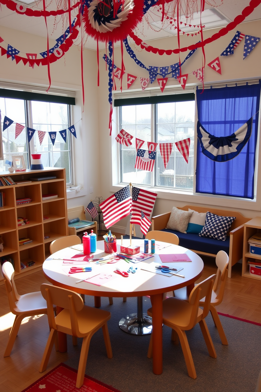 A vibrant craft station for flag-making activities is set up in a sunny corner of the room. The table is covered with colorful supplies including red, white, and blue paper, scissors, and glue sticks. The playroom is decorated with festive Independence Day themes. Banners and streamers in patriotic colors hang from the ceiling, while a cozy reading nook features cushions with stars and stripes.