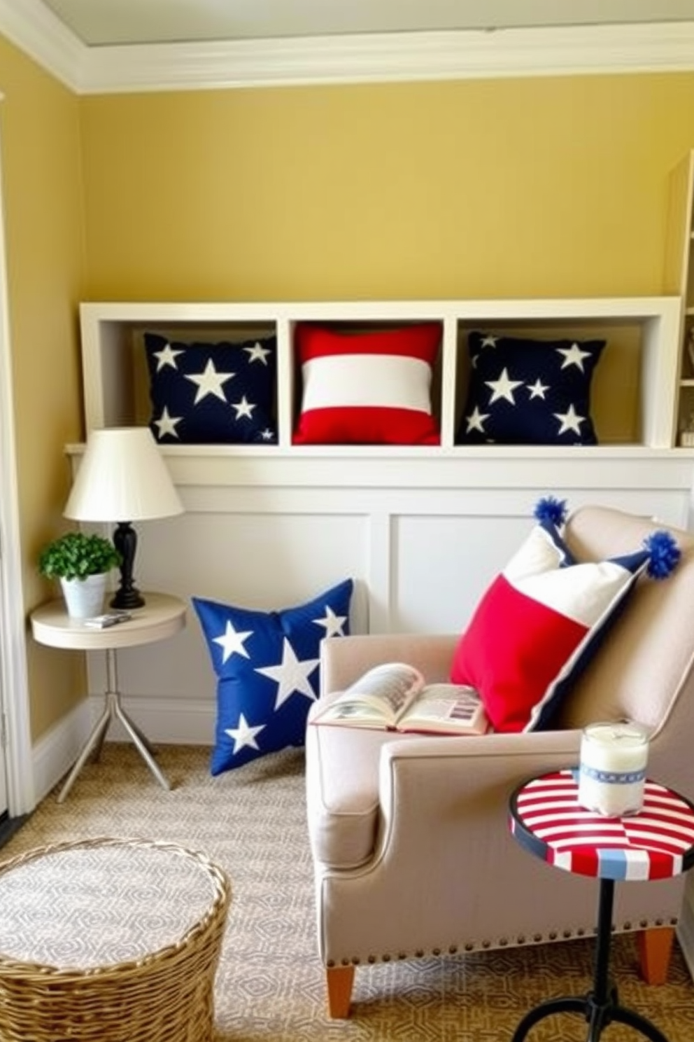 A cozy reading nook adorned with red white and blue throw pillows perfect for Independence Day. The nook features a comfortable armchair positioned next to a small side table, inviting relaxation and enjoyment of a good book.