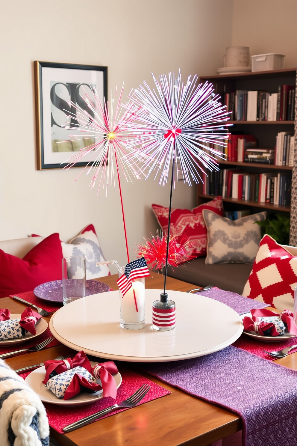 A festive table setting featuring miniature fireworks centerpieces that add a vibrant touch to the Independence Day celebration. The table is adorned with red white and blue accents creating a patriotic atmosphere. A cozy reading nook designed for relaxation and comfort. Plush cushions and a soft throw blanket are arranged in a corner with a stylish bookshelf filled with favorite reads.