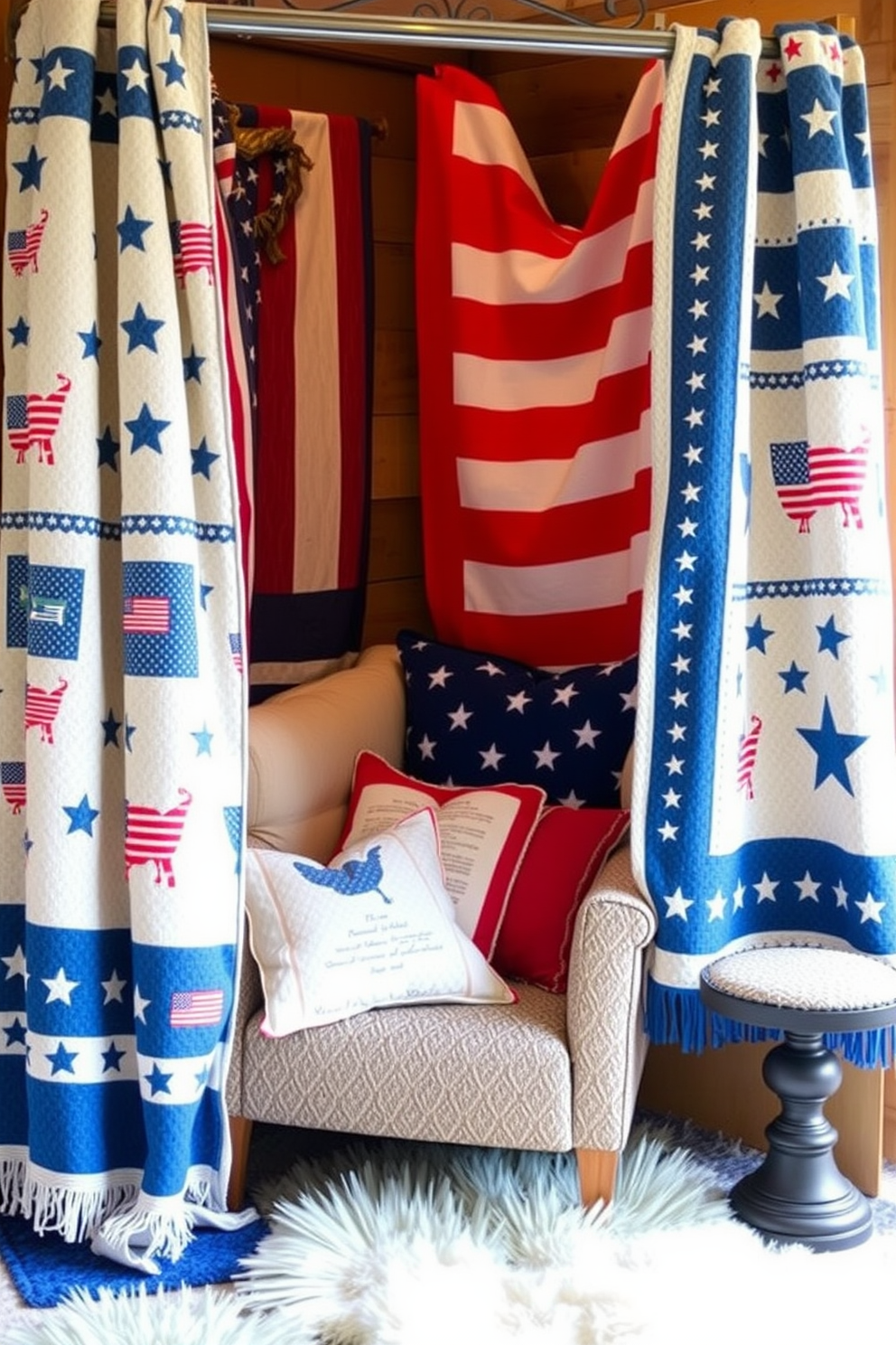 A cozy reading nook adorned with blankets featuring patriotic patterns. The nook is filled with plush cushions and a comfortable armchair, inviting relaxation and enjoyment of a good book.