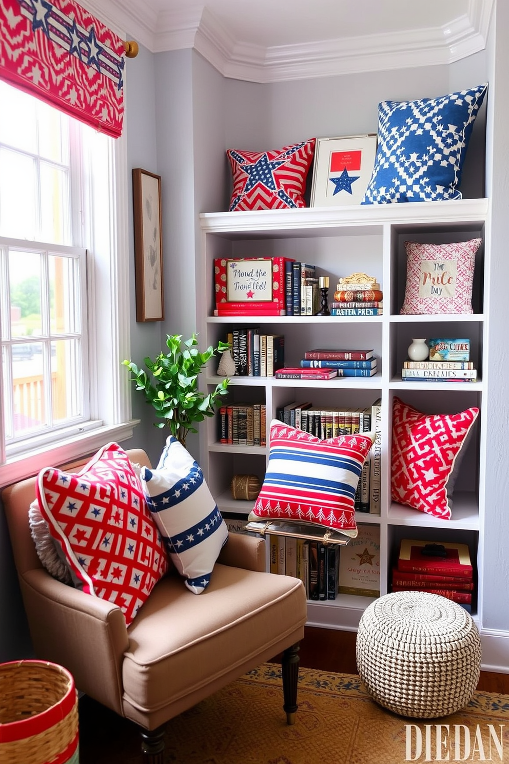 A cozy reading nook adorned with red and blue patterned cushions that celebrate Independence Day. The nook features a comfortable armchair positioned next to a small bookshelf filled with patriotic-themed books and decor.