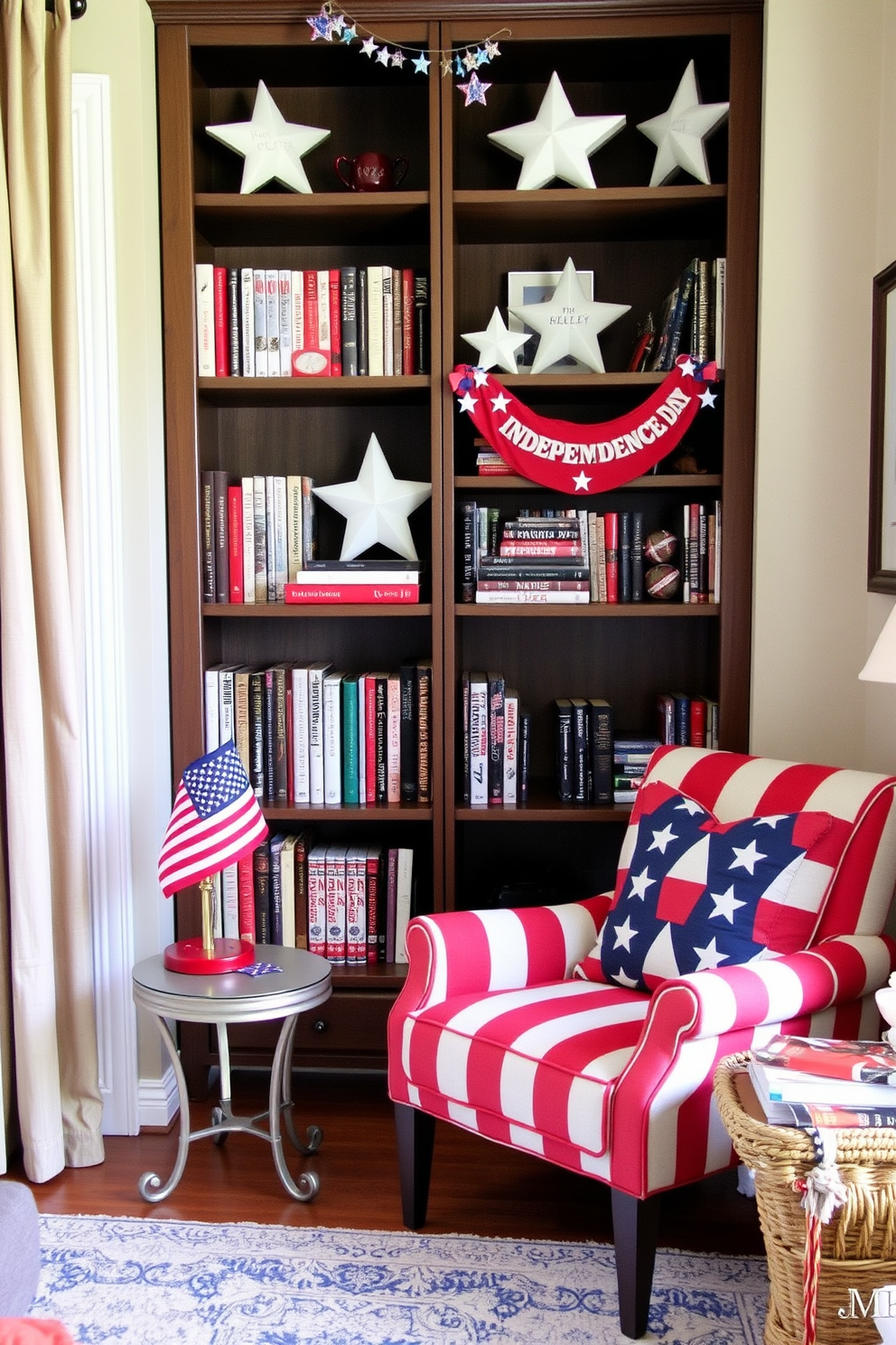 A cozy reading nook featuring a bookshelf adorned with stars and stripes decor to celebrate Independence Day. The nook includes a comfortable armchair upholstered in red and white fabric, with a small side table holding a patriotic-themed lamp.