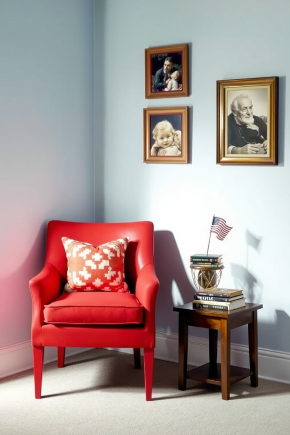 A cozy reading nook featuring a bright red accent chair that stands out against a backdrop of soft blue walls. The chair is paired with a small wooden side table, adorned with a stack of books and a festive Independence Day decoration.