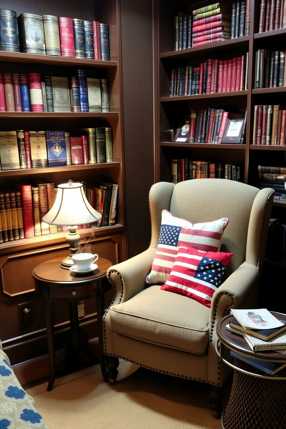 A cozy reading nook featuring a comfortable armchair upholstered in soft fabric. Surrounding the chair are shelves filled with vintage books adorned with patriotic covers, creating a festive atmosphere for Independence Day. A small side table holds a steaming cup of tea and a decorative flag-themed throw pillow rests on the chair. Soft lighting from a nearby lamp casts a warm glow, inviting relaxation and reflection on the significance of the holiday.