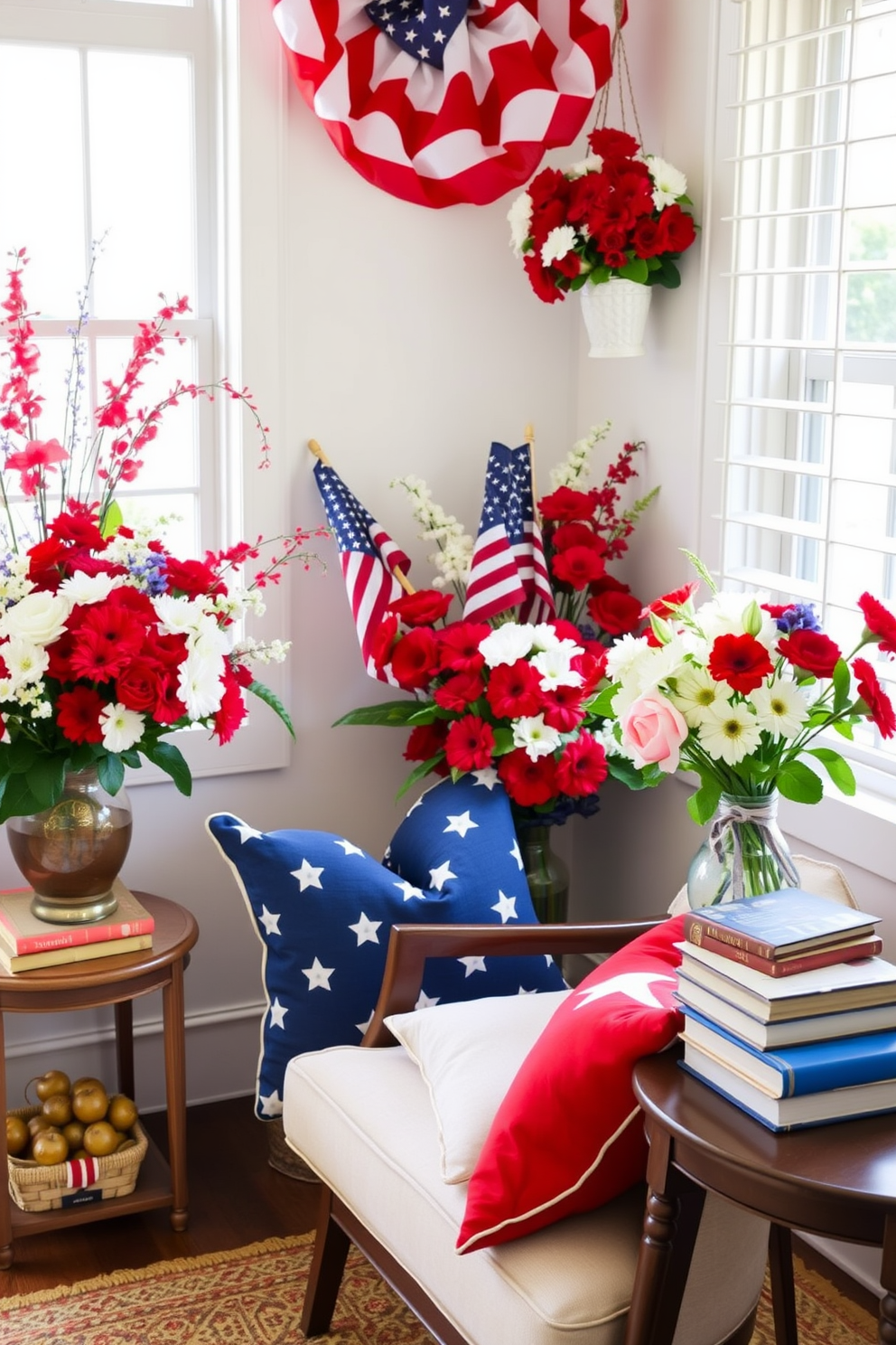 A cozy reading nook adorned with floral arrangements in vibrant red white and blue hues celebrating Independence Day. Plush cushions in coordinating colors are scattered on a comfortable armchair, while a small side table holds a stack of books and a festive vase filled with fresh flowers.