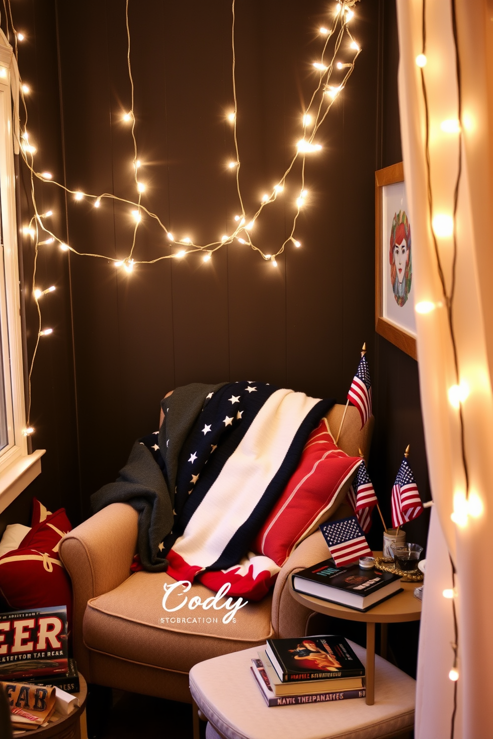 A cozy reading nook adorned with twinkling fairy lights creates a warm and inviting atmosphere. The nook features a plush armchair in a soft fabric, surrounded by an array of colorful cushions and a small side table for books and beverages. For Independence Day, the nook is decorated with red, white, and blue accents. A patriotic throw blanket drapes over the armchair, and a small flag is placed on the side table, adding a festive touch to the space.