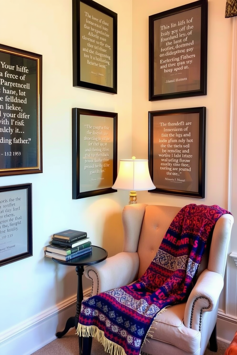 A cozy reading nook adorned with framed quotes from the founding fathers. The walls are painted in a soft cream color, and a plush armchair sits in the corner, complemented by a small side table. On the table, a stack of classic books is neatly arranged beside a decorative lamp. A vibrant throw blanket drapes over the armchair, adding warmth and inviting comfort to the space.