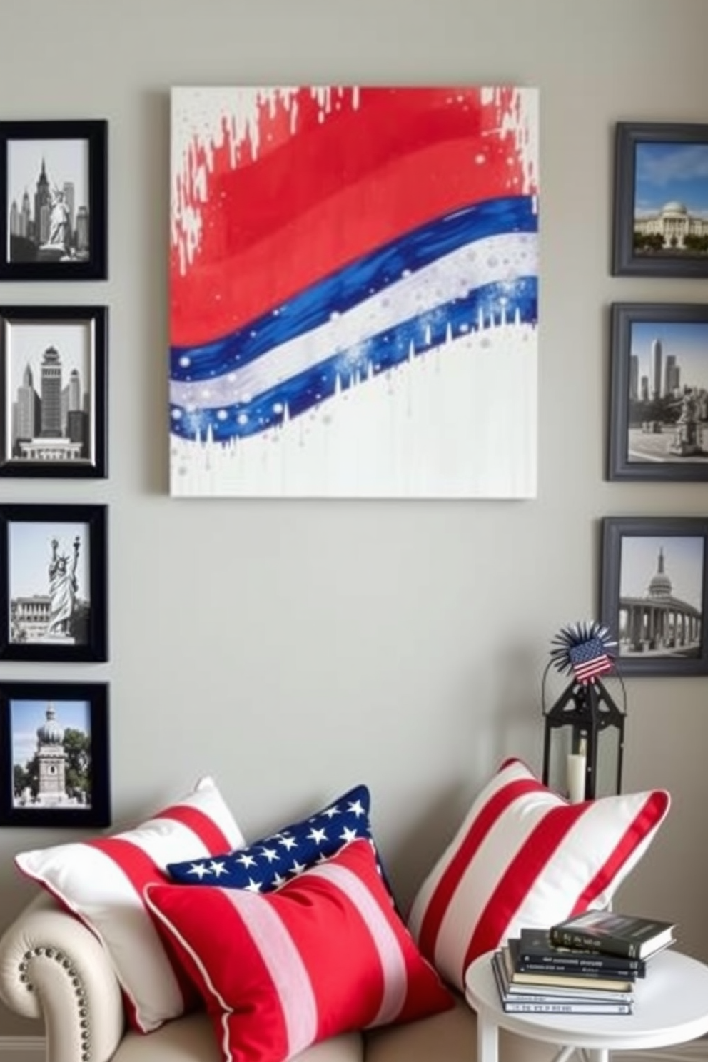 A patriotic themed wall art display features a large canvas depicting an American flag in vibrant colors. Surrounding the canvas are smaller framed prints of iconic American landmarks, creating a cohesive and festive atmosphere. The Independence Day reading nook is adorned with red, white, and blue cushions scattered on a cozy armchair. A small side table holds a stack of books and a decorative lantern, enhancing the inviting and celebratory vibe.