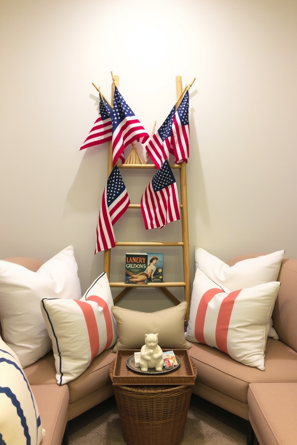 Create a cozy reading nook that features a decorative ladder displaying American flags in a festive arrangement. Surround the ladder with comfortable seating and soft pillows, creating an inviting space perfect for celebrating Independence Day.