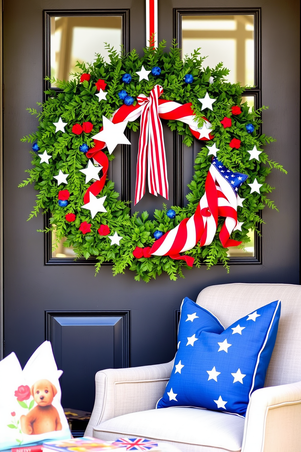 A vibrant seasonal wreath adorns the door of a cozy reading nook, celebrating Independence Day with red white and blue accents. The wreath is made of lush greenery intertwined with stars and stripes creating a festive and inviting entrance. Inside the reading nook, a plush armchair is positioned beside a small side table holding a stack of patriotic-themed books. Soft throw pillows in coordinating colors add comfort and style, inviting you to relax and enjoy a good read.