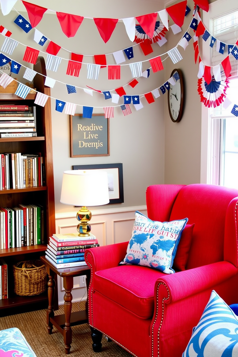 A cozy reading nook decorated for Independence Day features colorful bunting strung across the walls. A comfortable armchair in a vibrant red fabric is positioned next to a small wooden side table, adorned with a stack of patriotic-themed books.