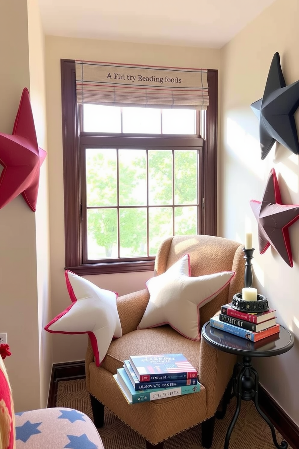 A cozy reading nook adorned with star shaped pillows in red white and blue hues. The nook features a comfortable armchair positioned by a window with soft natural light streaming in. A small side table holds a stack of patriotic themed books and a decorative candle. The walls are painted a soft cream color to enhance the inviting atmosphere of the space.