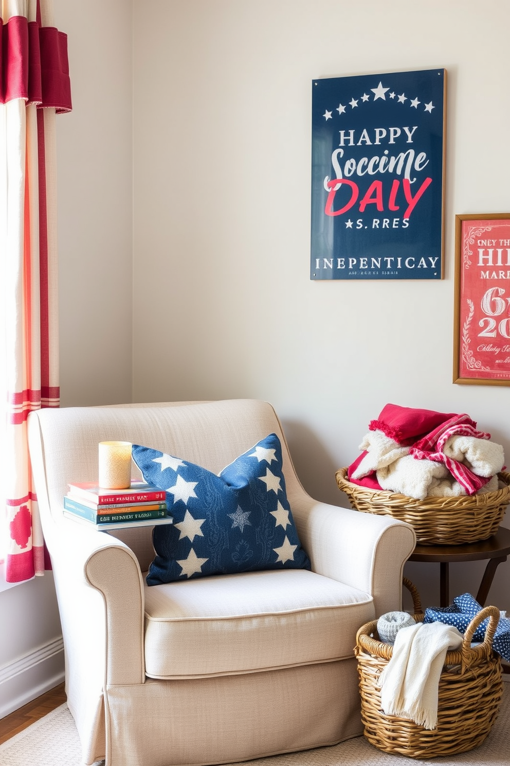 A cozy reading nook featuring a comfortable armchair upholstered in soft fabric. The walls are adorned with vibrant red white and blue art prints celebrating Independence Day, creating a festive atmosphere. A small side table holds a stack of classic novels and a decorative candle. A woven basket filled with cozy blankets is placed nearby, inviting relaxation and comfort.