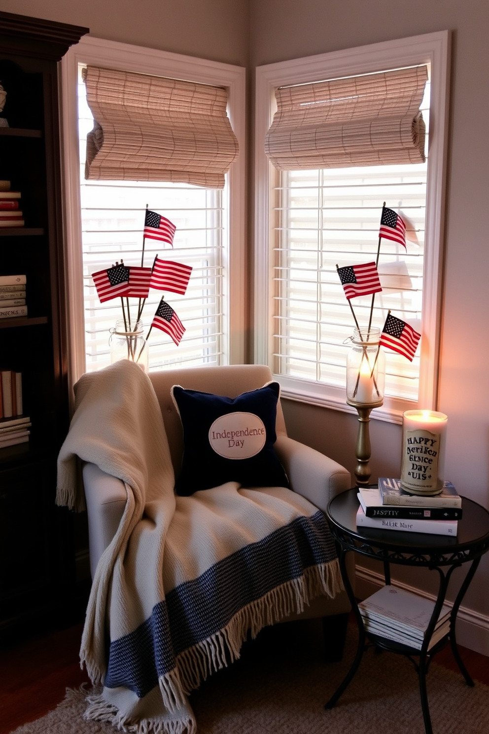 A cozy reading nook adorned with decorative jars filled with mini flags celebrating Independence Day. The nook features a comfortable armchair draped with a soft throw blanket, and a small side table holds a stack of books and a patriotic-themed candle.