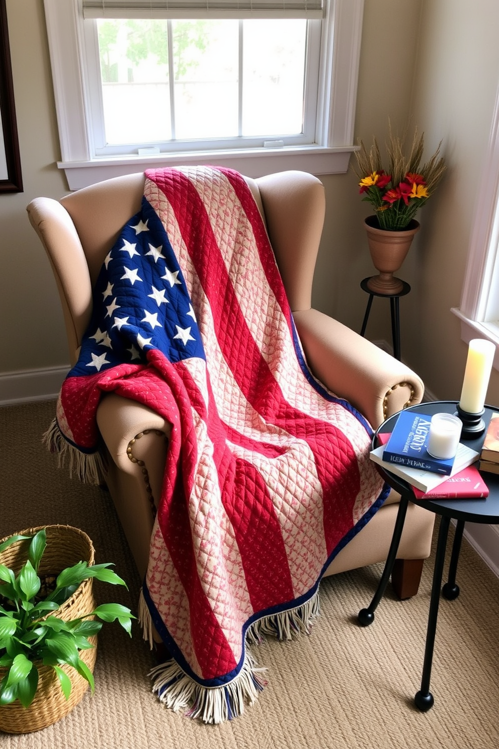 A cozy reading nook featuring a plush armchair draped with a quilted throw blanket in vibrant flag colors for Independence Day. A small side table holds a stack of books and a festive candle, while a nearby window allows natural light to illuminate the space.