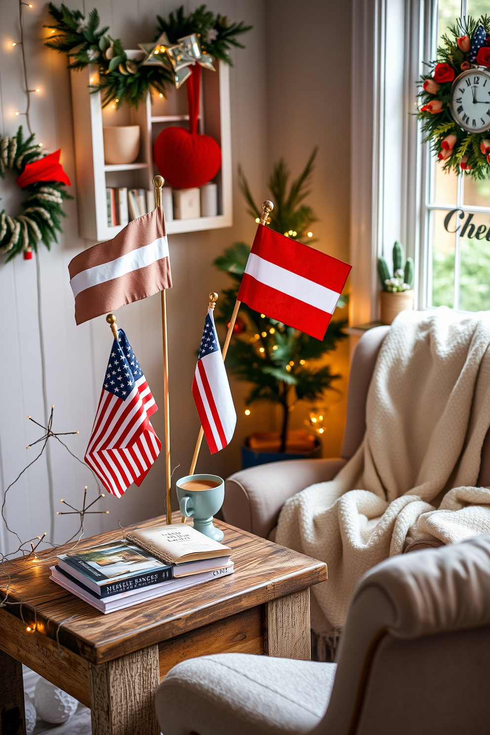 Tabletop flags arranged in a vibrant display, featuring red white and blue colors that evoke the spirit of Independence Day. They are placed on a rustic wooden table surrounded by festive decorations and twinkling fairy lights. A cozy reading nook designed for comfort and relaxation, with a plush armchair draped in a soft throw blanket. A small side table holds a stack of books and a warm cup of tea, while a nearby window lets in soft natural light.