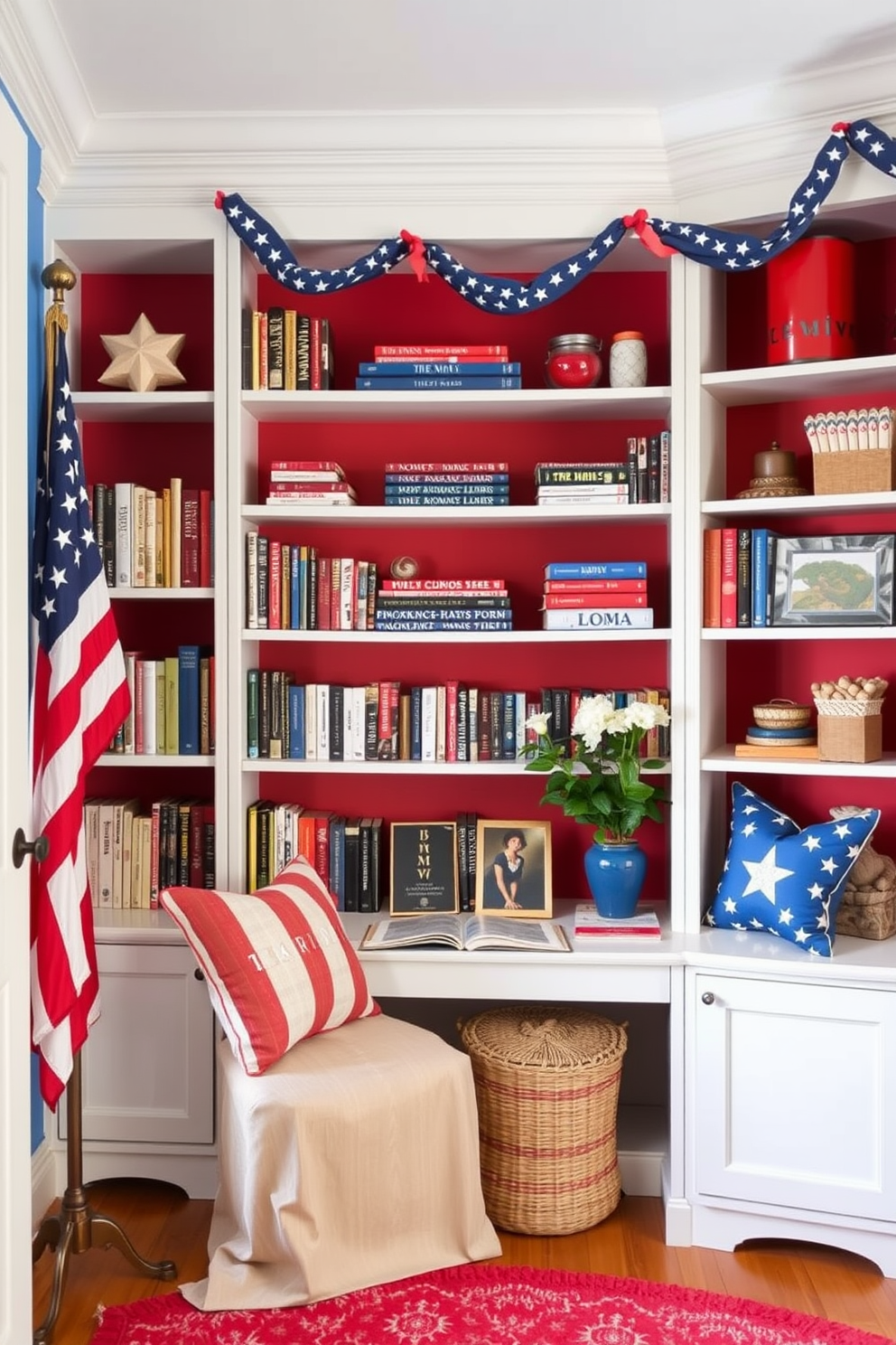 A cozy reading nook featuring bookshelves painted in patriotic colors. The space is adorned with red white and blue accents creating a festive atmosphere for Independence Day.