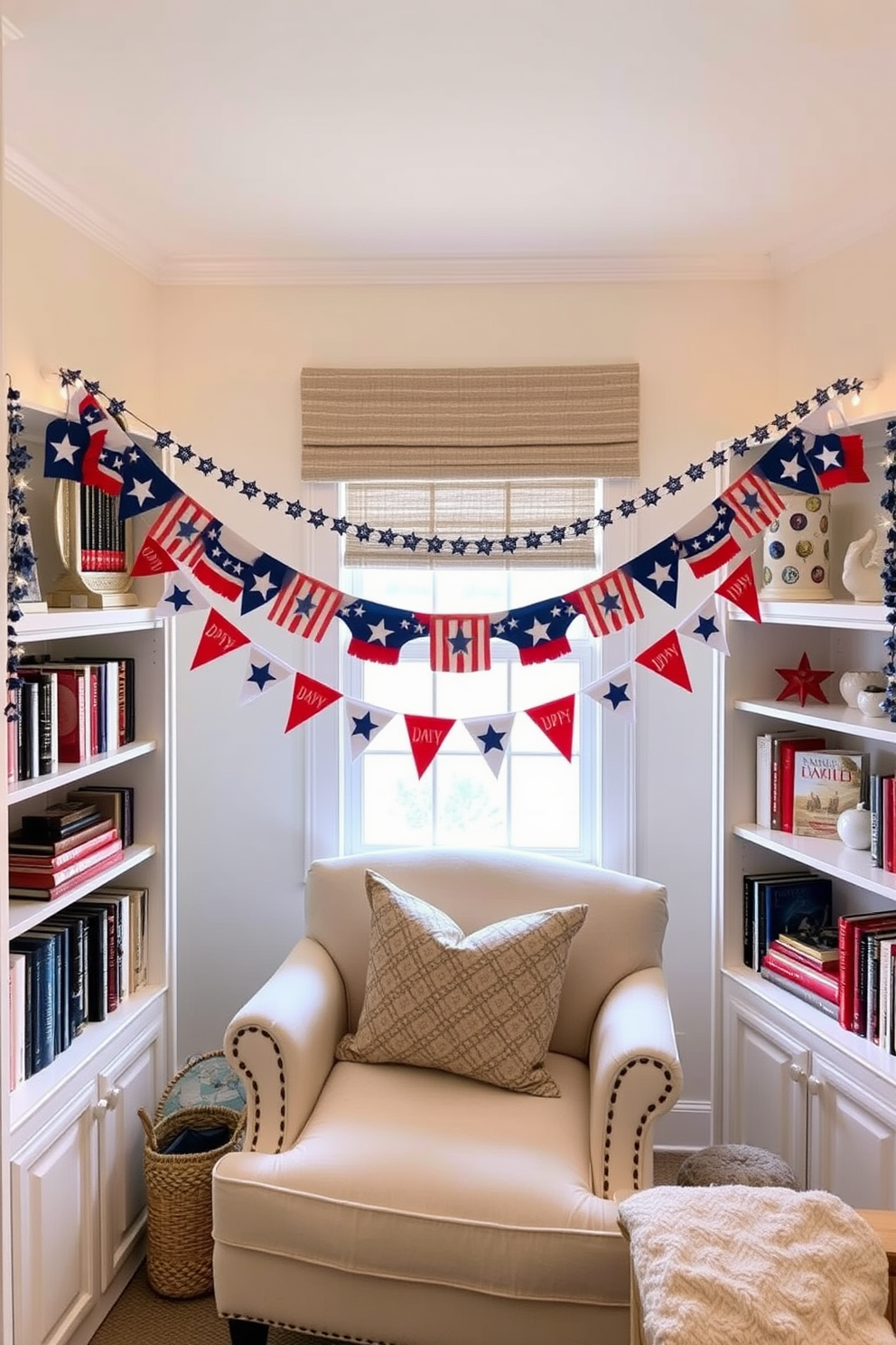 A cozy reading nook adorned with a star spangled banner garland celebrating Independence Day. The nook features a comfortable armchair in a patriotic color scheme, surrounded by shelves filled with books and decorative red white and blue accents.