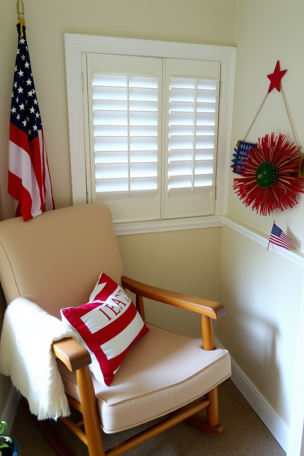 A cozy reading nook featuring a comfortable rocking chair upholstered in soft fabric. The nook is adorned with patriotic decorations for Independence Day, including red white and blue throw pillows and a small American flag on the side table.