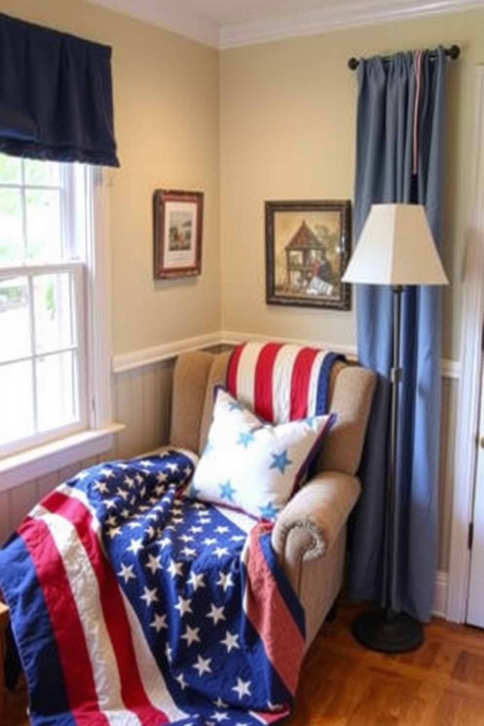 A cozy reading nook adorned with a vintage American flag quilt draped over a comfortable armchair. The space is enhanced by soft lighting from a nearby floor lamp, creating a warm and inviting atmosphere for Independence Day celebrations.