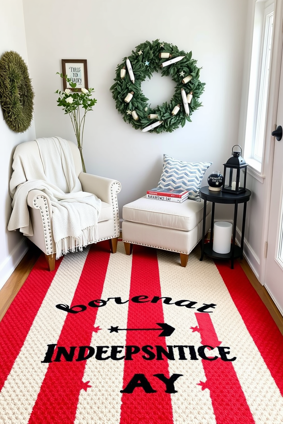 A cozy reading nook adorned with a festive red and white striped rug that celebrates Independence Day. The nook features a comfortable armchair draped with a soft throw blanket, and a small side table holds a stack of patriotic-themed books and a decorative lantern.