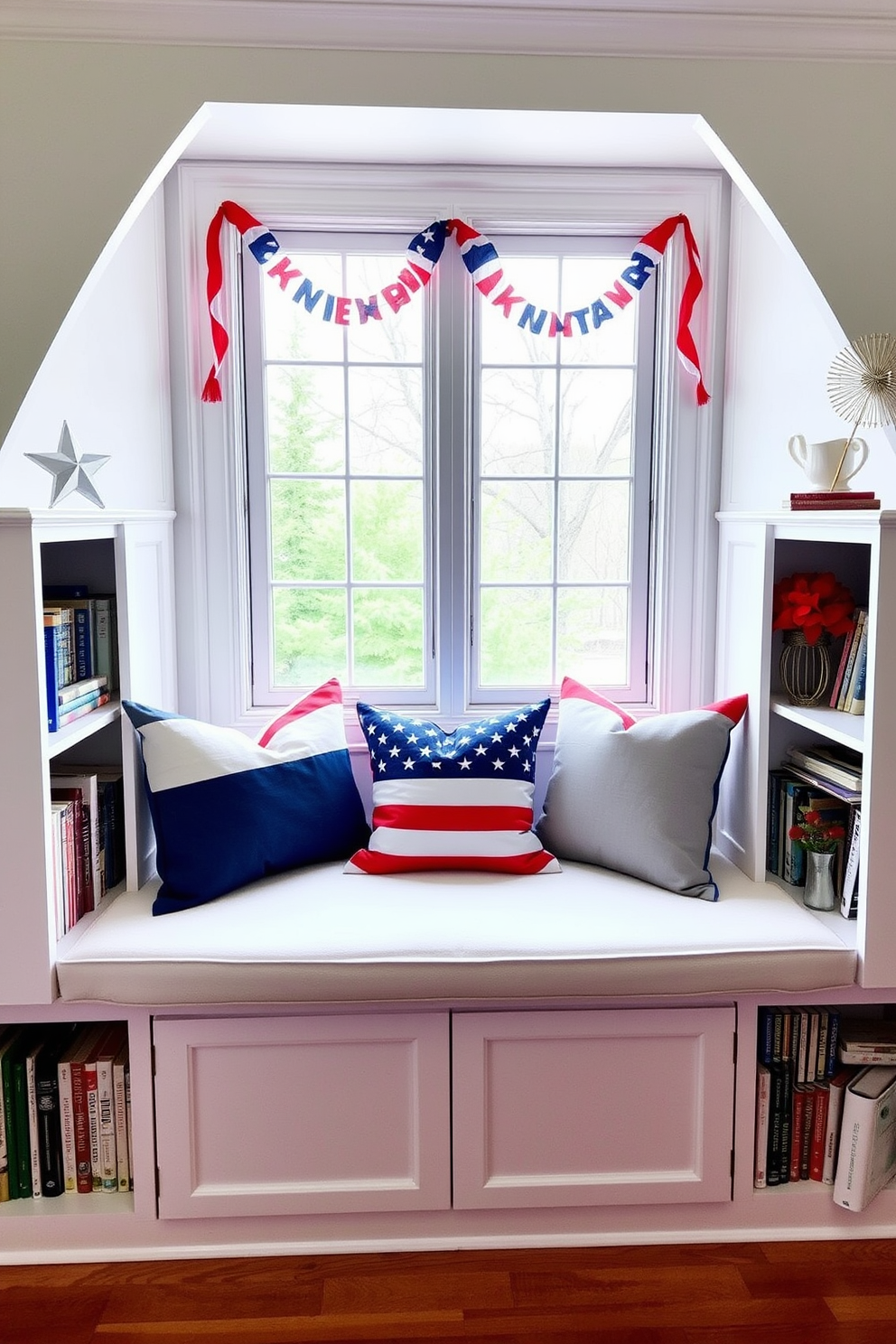 A cozy reading nook featuring a cushioned window seat adorned with red white and blue throw pillows. The seat is flanked by small bookshelves filled with patriotic themed books and decorations for Independence Day.