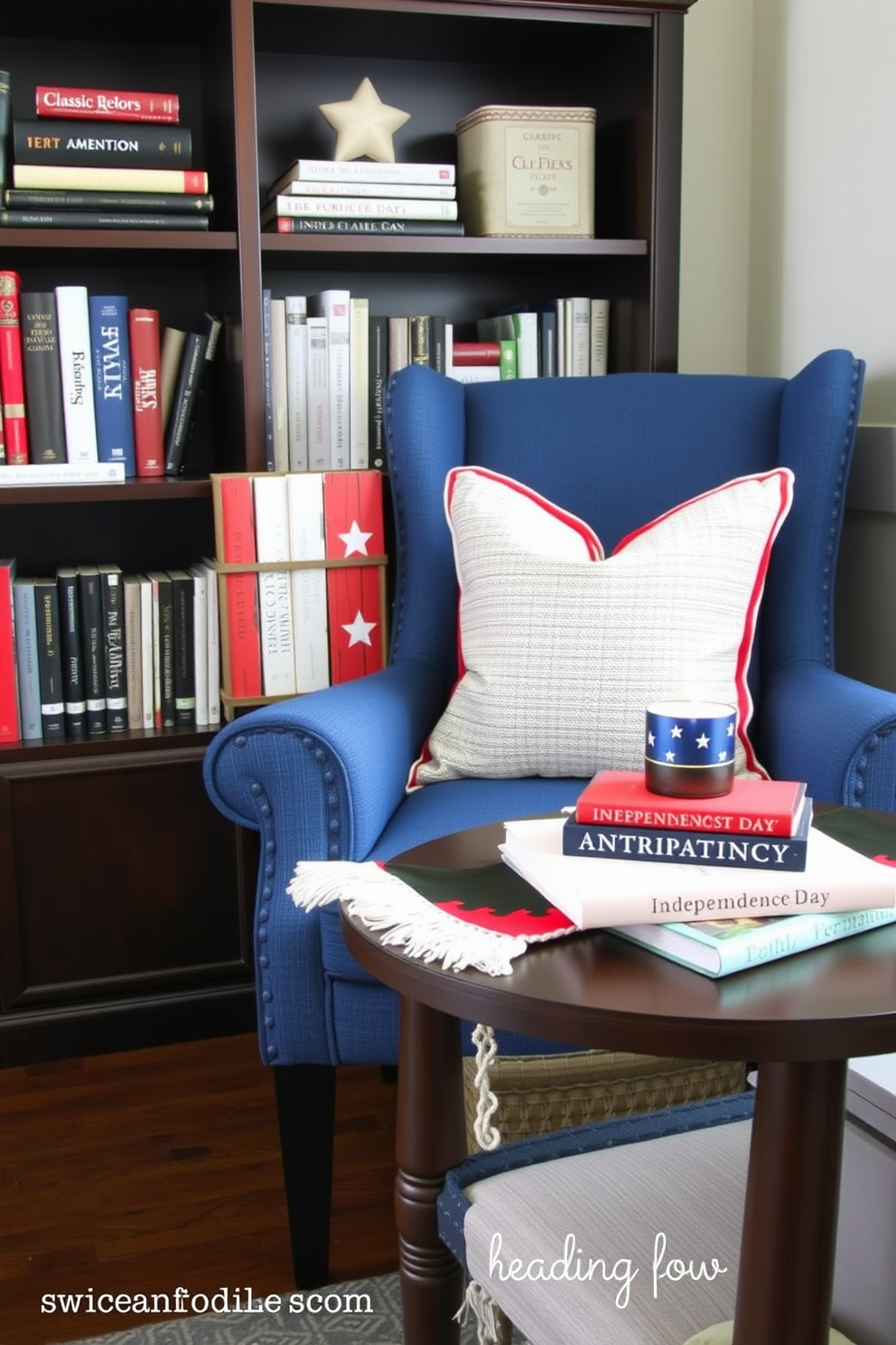 Independence Day themed bookends featuring a rustic wooden design with stars and stripes painted in red white and blue. The bookends are placed on a dark wooden shelf filled with classic American literature and patriotic decor. Independence Day reading nook decorated with a cozy armchair upholstered in a blue fabric and adorned with red and white throw pillows. A small side table holds a festive red white and blue table runner and a stack of books along with a decorative candle in a star shaped holder.