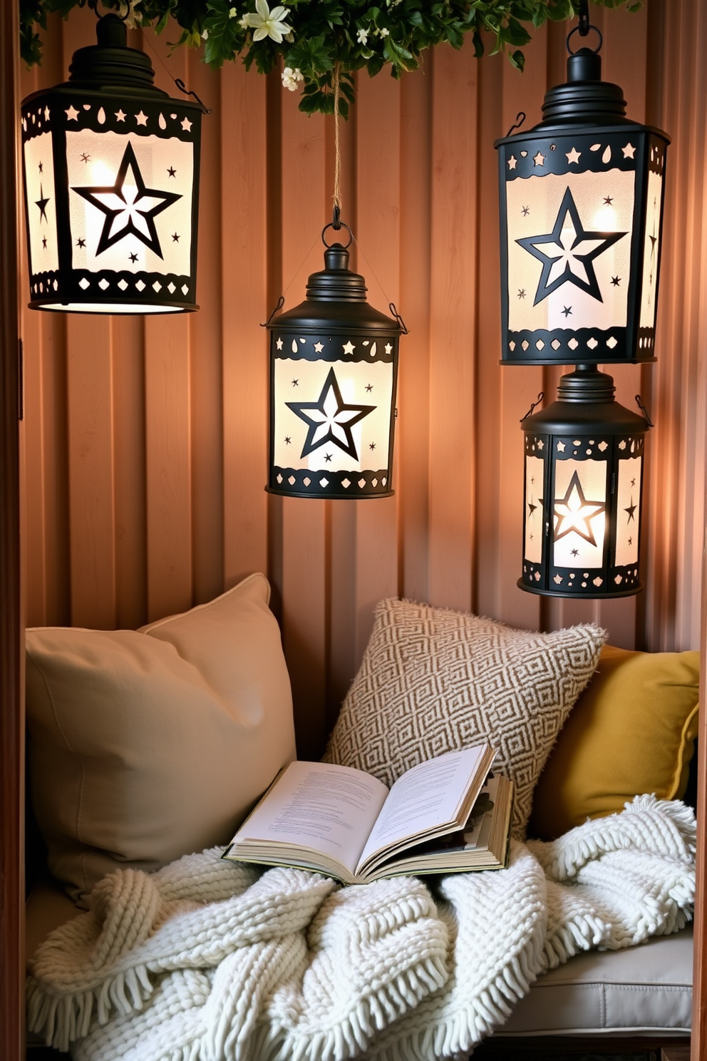 A cozy reading nook adorned with decorative lanterns featuring star motifs. The space is filled with soft cushions and a plush throw blanket, inviting relaxation and comfort.