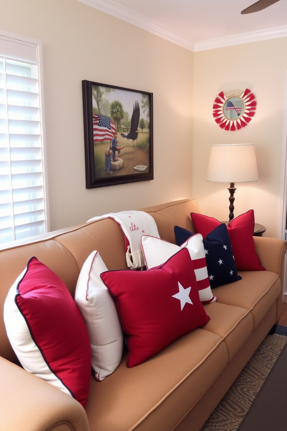 A cozy small living room decorated for Independence Day features a comfortable sofa adorned with red white and blue throw pillows. The pillows add a festive touch, creating a warm and inviting atmosphere perfect for celebrating the holiday.