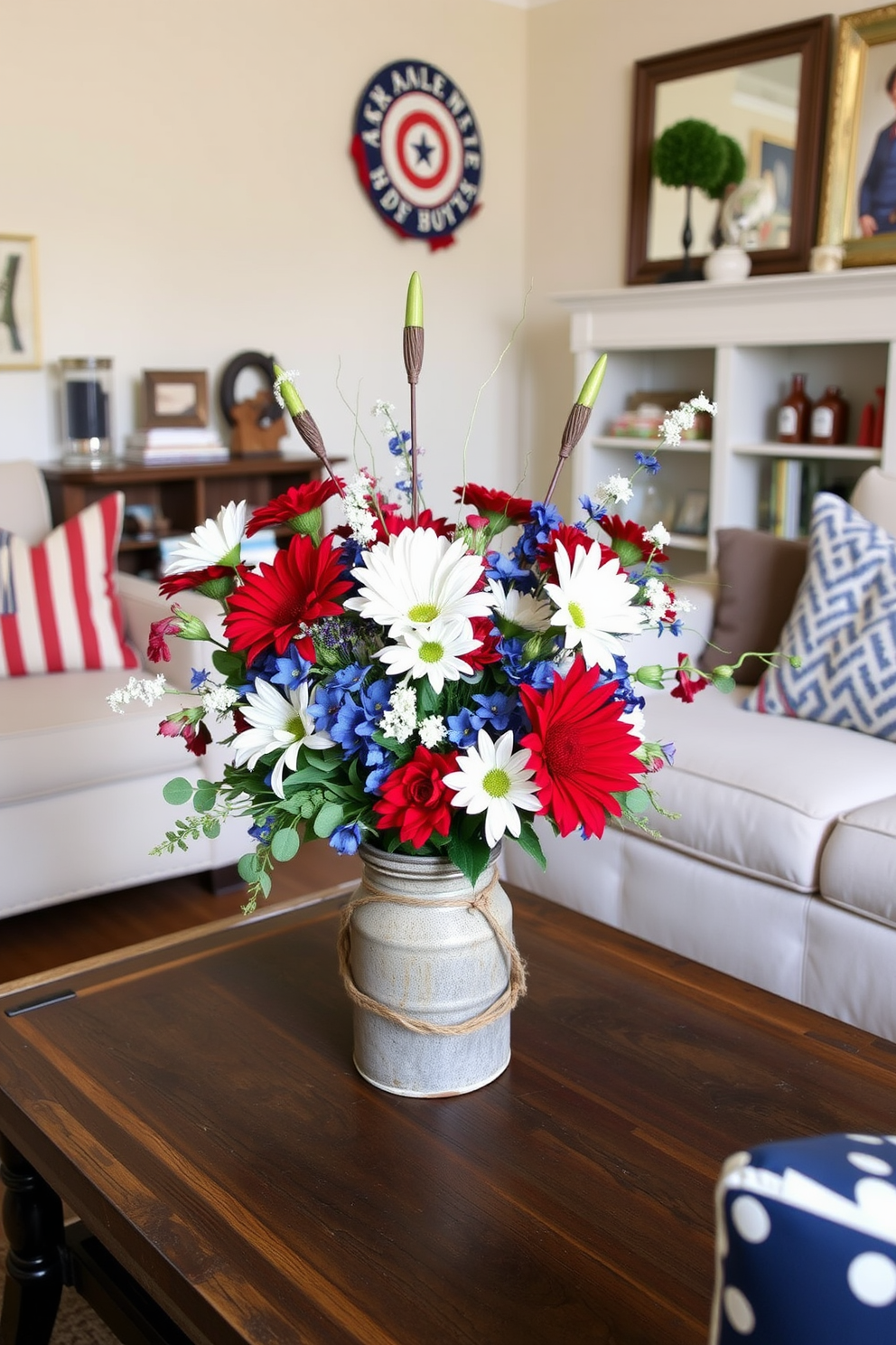 A small living room decorated for Independence Day features a cozy arrangement of red white and blue floral arrangements. The vibrant flowers are displayed in a rustic vase on a coffee table surrounded by comfortable seating.