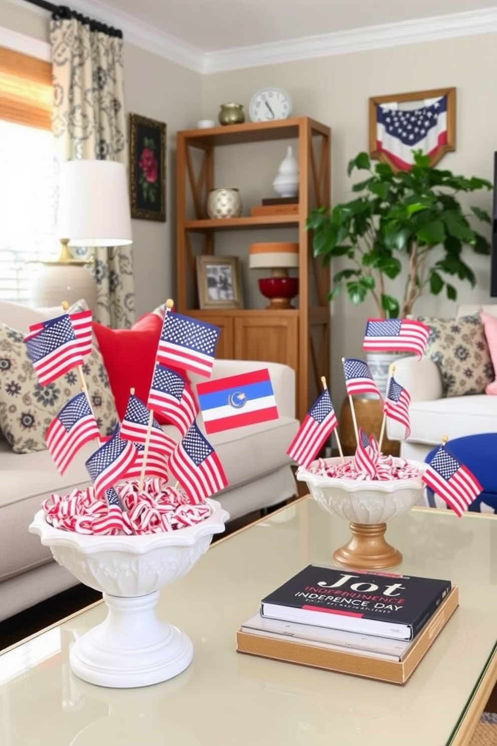 A cozy small living room adorned with decorative bowls filled with mini flags celebrating Independence Day. The vibrant colors of the flags contrast beautifully with the soft neutral tones of the room, creating a festive and inviting atmosphere.