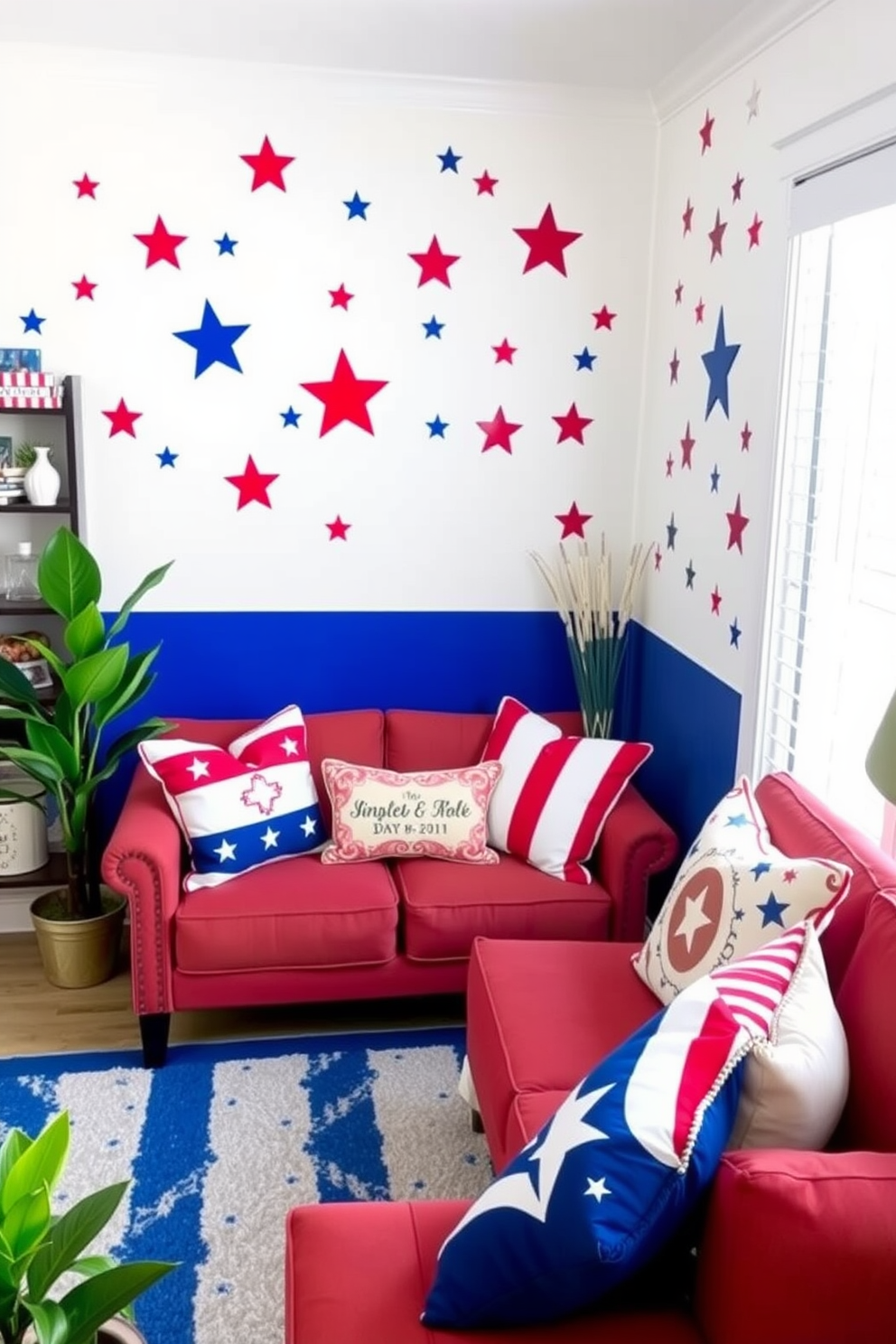 A vibrant small living room adorned with Independence Day themed wall decals featuring stars and stripes. The decor includes a red white and blue color palette with cozy seating and festive throw pillows that evoke a sense of celebration.