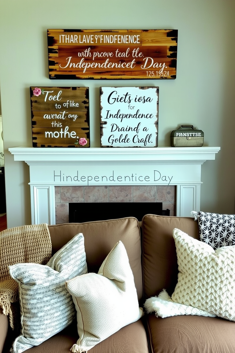 Rustic wooden signs adorned with inspirational quotes celebrating Independence Day create a warm and inviting atmosphere. These signs can be placed strategically on walls or shelves to enhance the patriotic decor. In a small living room, consider incorporating cozy furniture pieces that complement the rustic theme. Use a mix of textures like woven throws and plush cushions to add comfort and style.