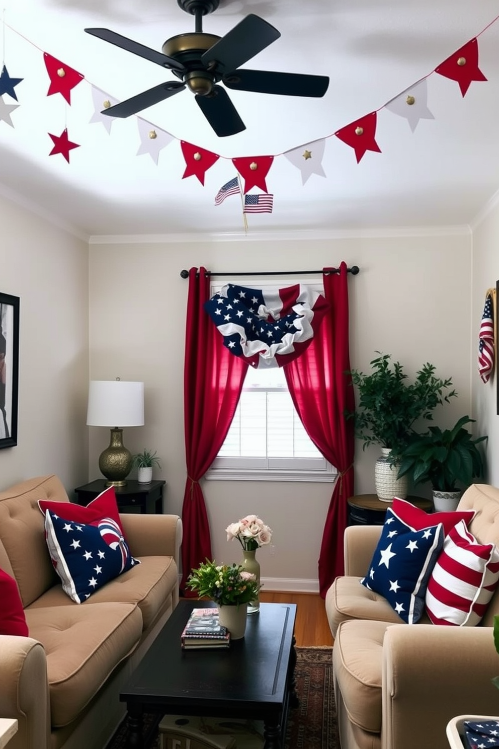 A cozy small living room decorated for Independence Day. Star spangled banners hang gracefully from the ceiling, adding a festive touch to the space. The furniture is arranged to create an inviting atmosphere. A comfortable sofa is adorned with red white and blue cushions, complementing the patriotic theme.