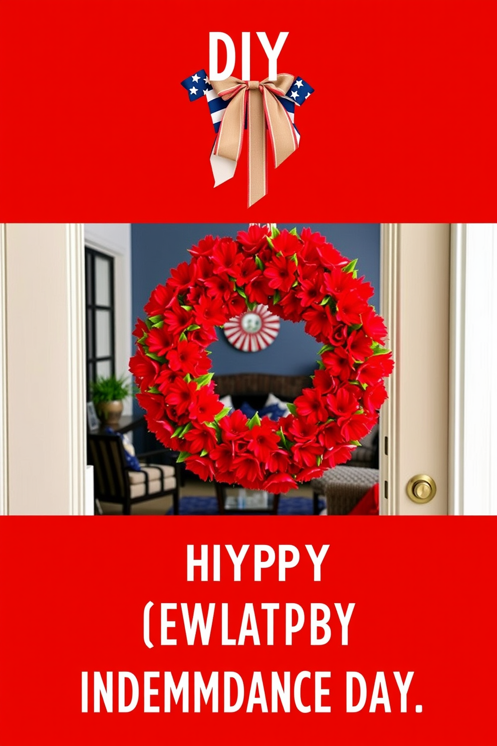 A DIY wreath made of vibrant red flowers is hung on the front door to celebrate Independence Day. Inside the small living room, a cozy arrangement features a patriotic color scheme with blue and white accents to enhance the festive atmosphere.