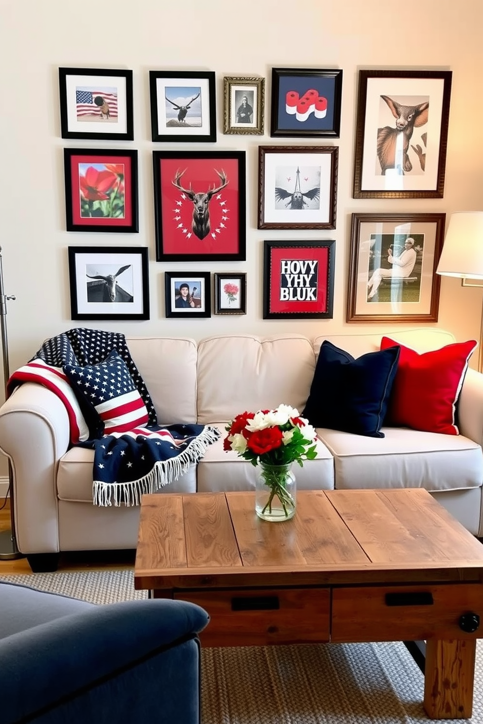 Framed photos in red white and blue are arranged in a gallery wall above a cozy sofa. The small living room features a patriotic throw blanket draped over the armrest and decorative pillows in matching colors. A rustic coffee table made of reclaimed wood sits in the center, adorned with a small vase of fresh flowers. Subtle lighting from a floor lamp casts a warm glow, enhancing the festive atmosphere of the space.