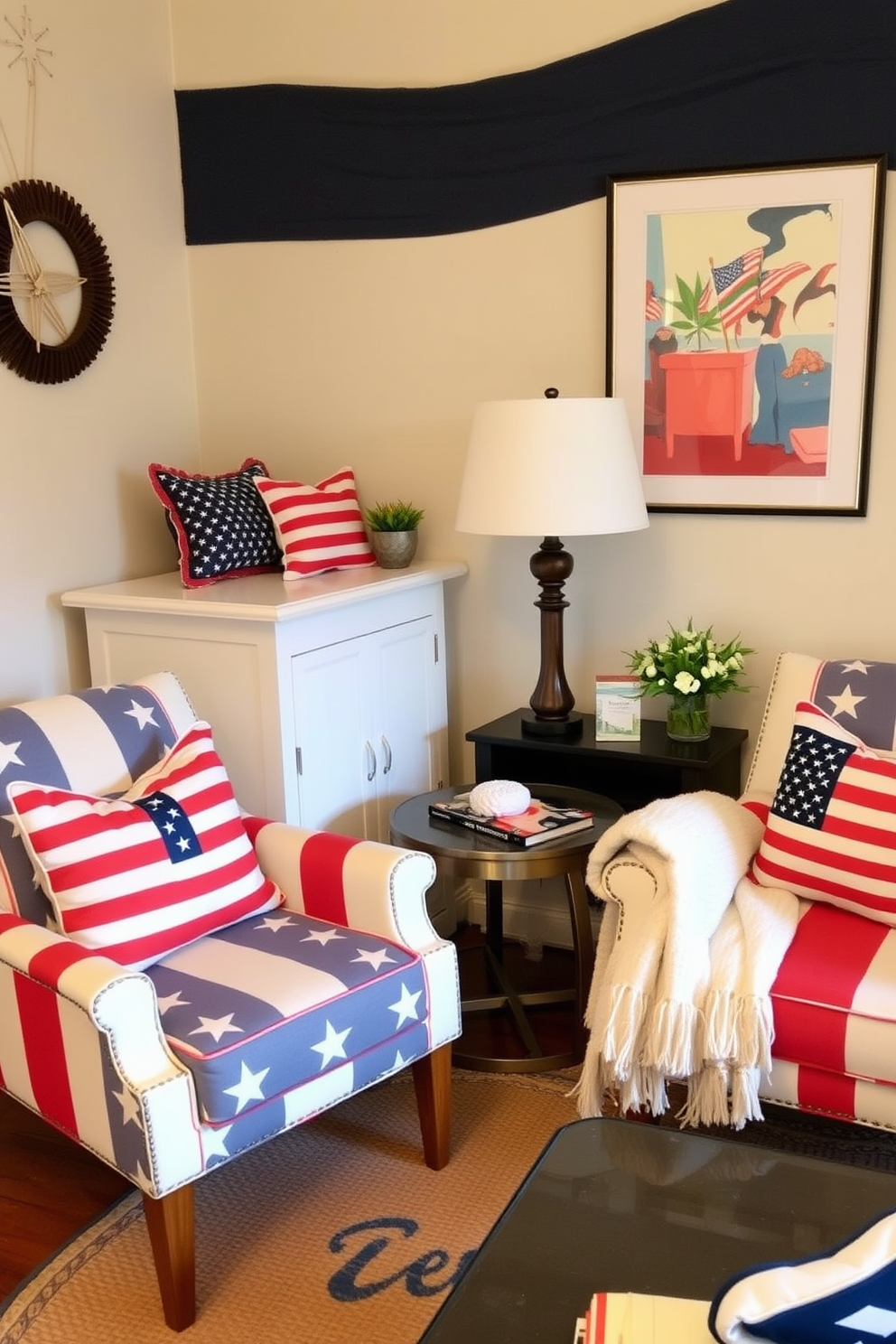 Accent chairs featuring bold flag patterns create a festive atmosphere for an Independence Day celebration. The small living room is enhanced with a patriotic color scheme, complemented by decorative pillows and a cozy throw blanket.