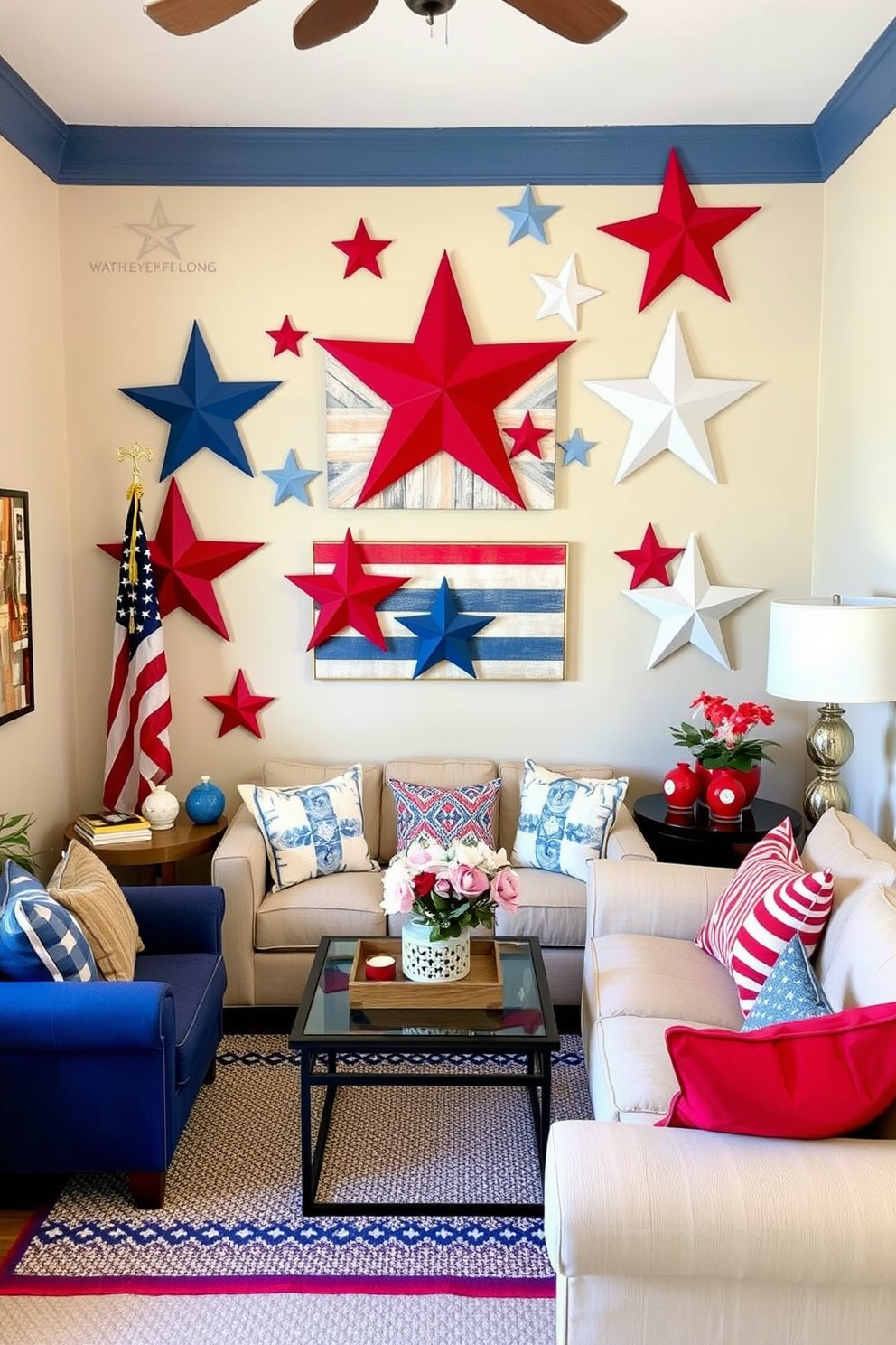 A small living room is adorned with patriotic wall art featuring vibrant stars in red white and blue. The decor includes cozy seating arrangements and festive accents that celebrate Independence Day.