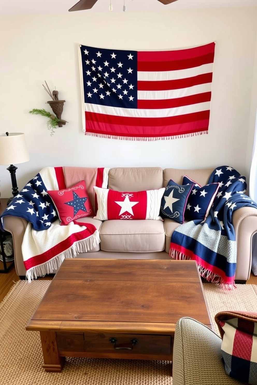 A cozy small living room adorned with patriotic themed throw blankets in red white and blue. The blankets are draped over a comfortable beige sofa paired with a rustic wooden coffee table and accented with a few decorative pillows featuring stars and stripes.